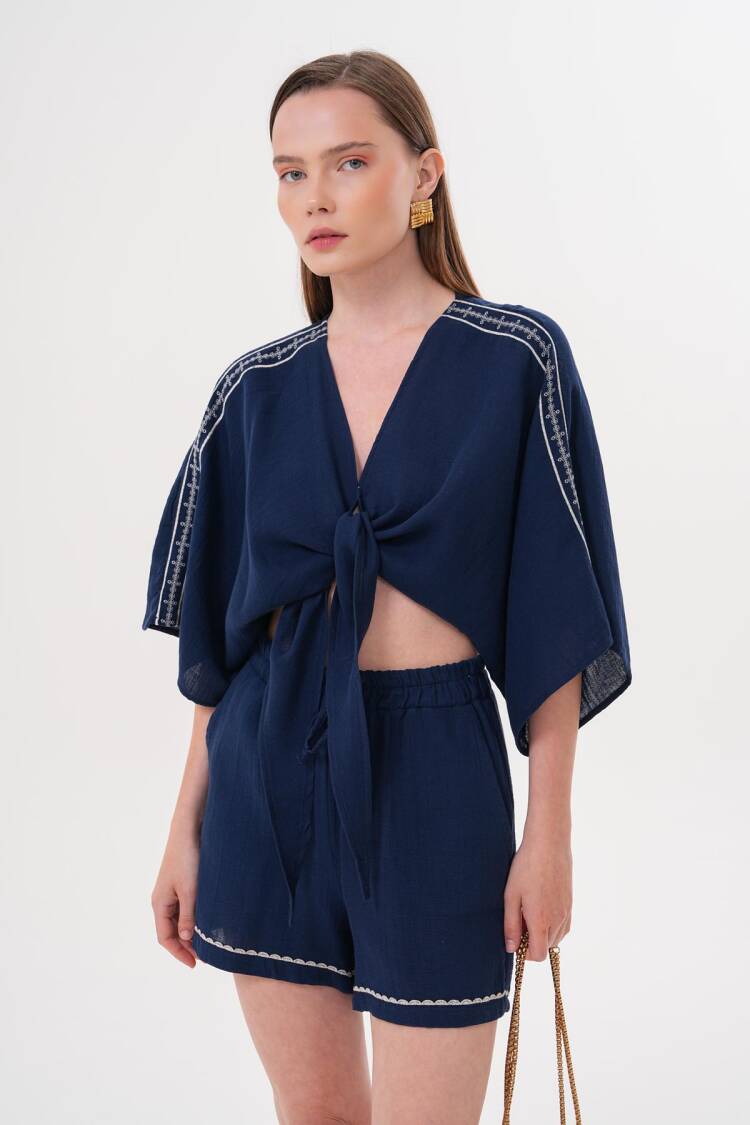 Shoulder Embroidery Detailed Tie Waist Shirt Navy