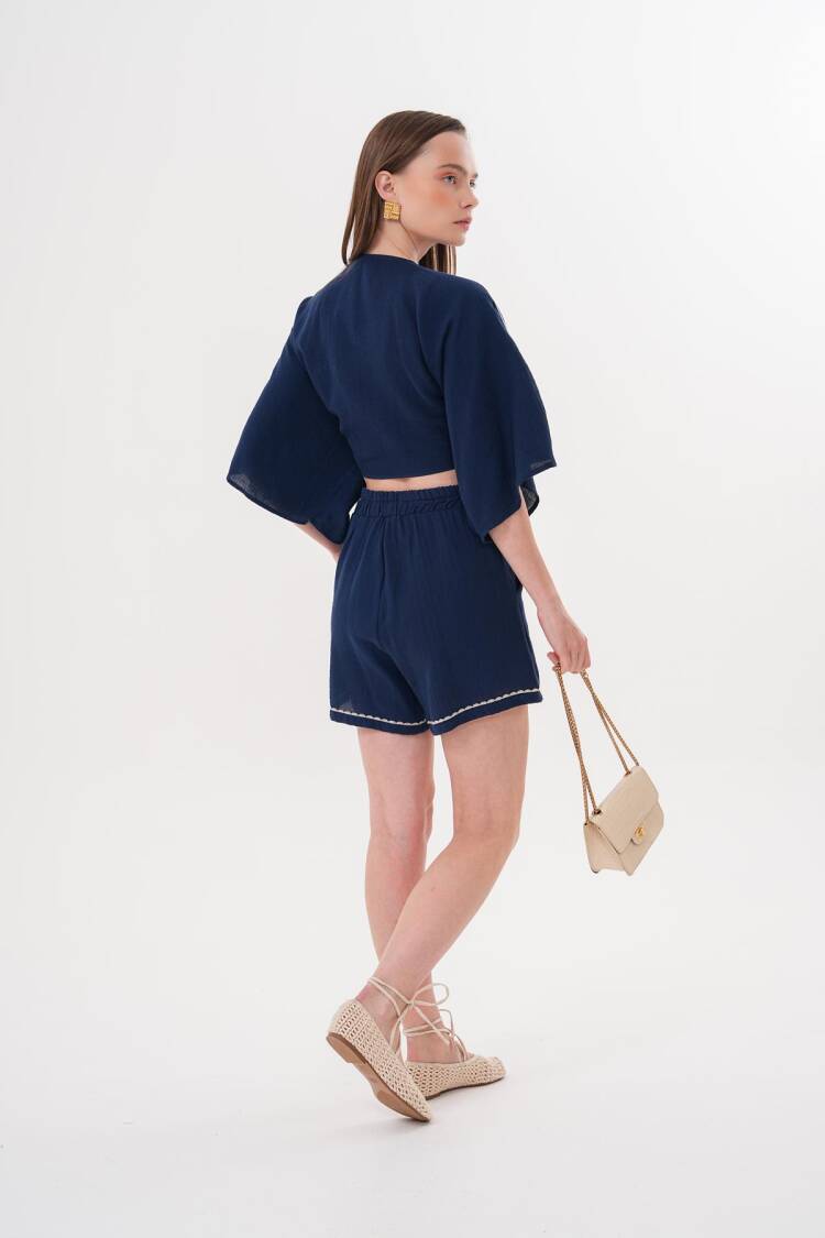 Shoulder Embroidery Detailed Tie Waist Shirt Navy