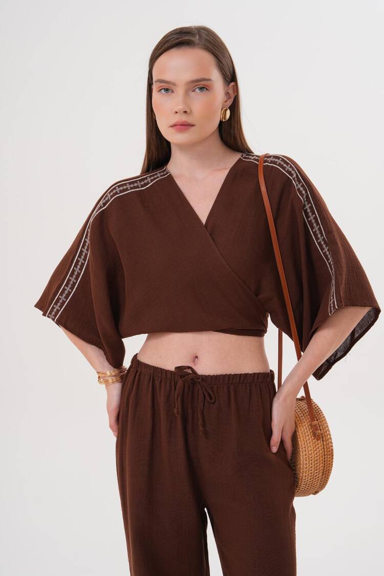 Shoulder Embroidery Detailed Tie Waist Shirt