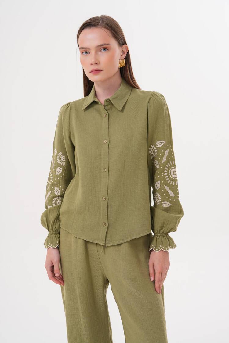 Sleeve Embroidery Detailed Front Buttoned Shirt