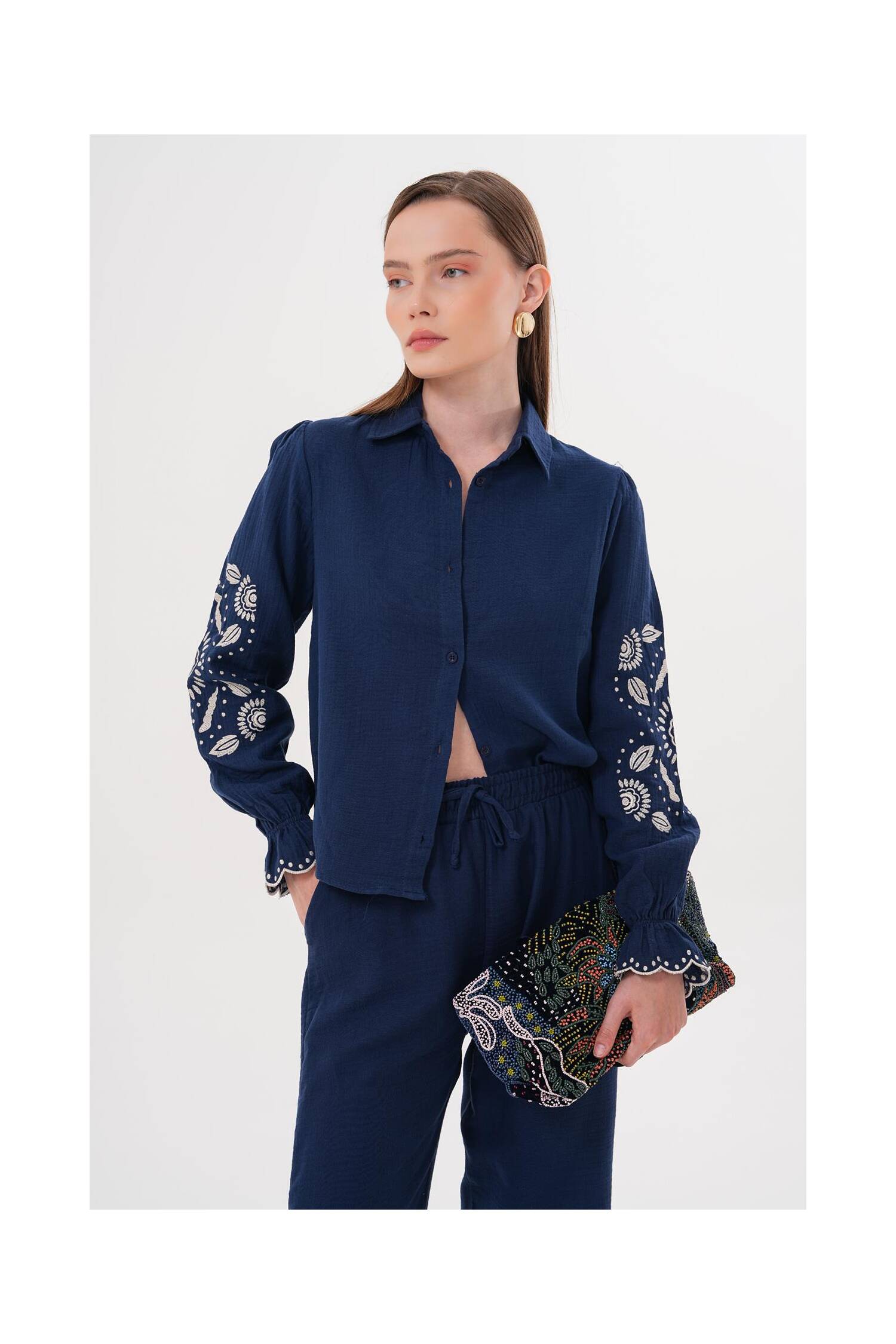Sleeve Embroidery Detailed Front Buttoned Shirt Navy - Brand: Levure - Women's Clothing Wholesale - Globality Store