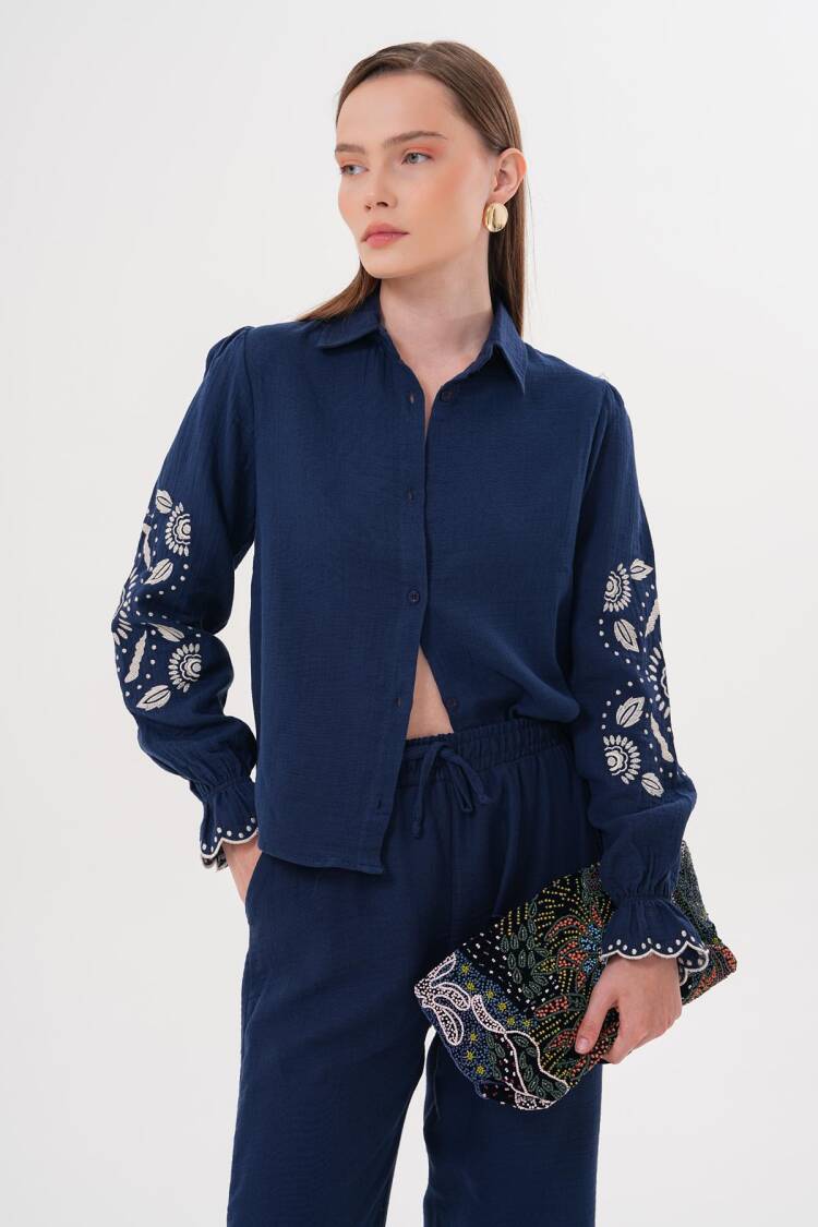 Sleeve Embroidery Detailed Front Buttoned Shirt Navy