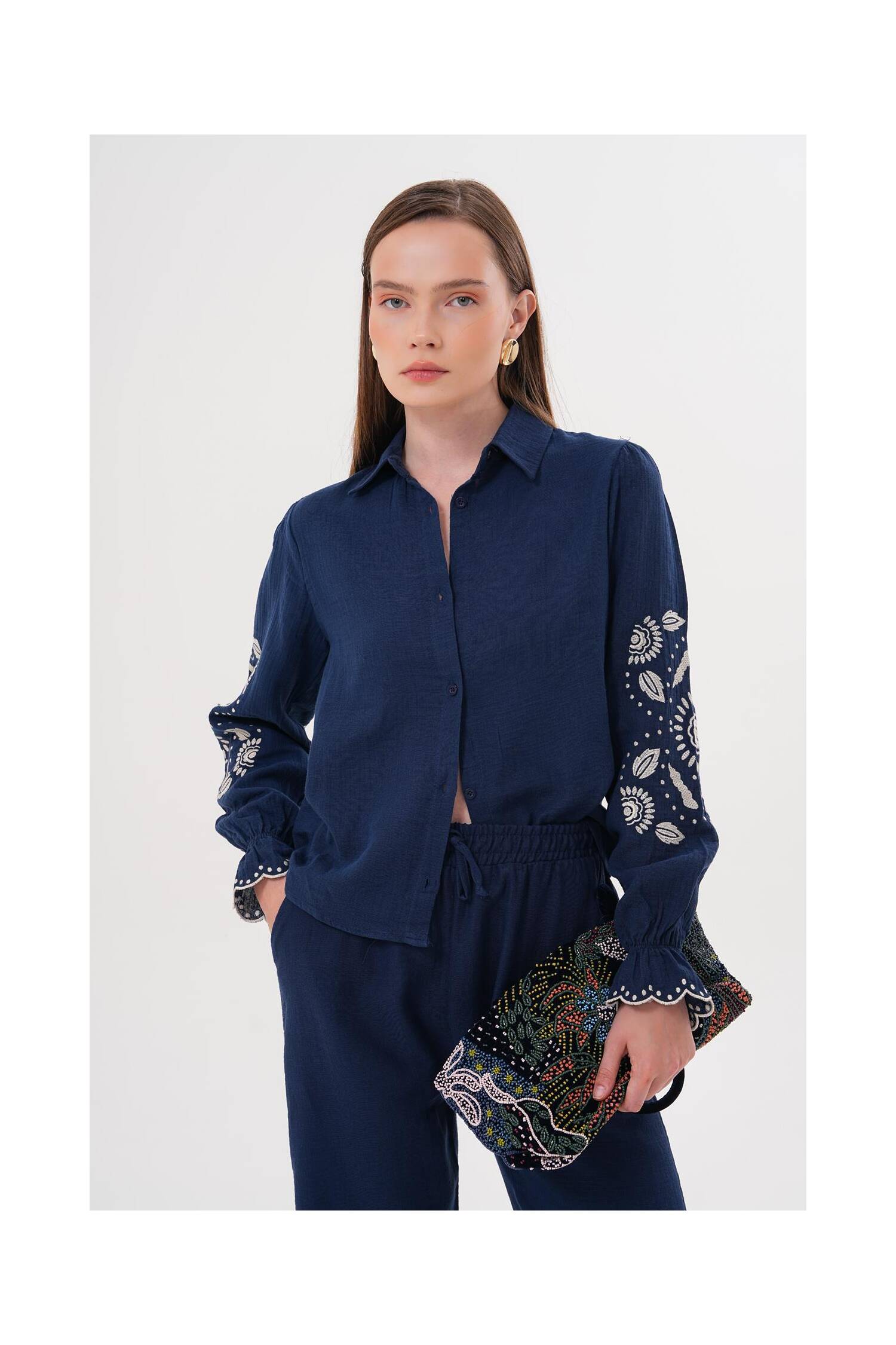 Sleeve Embroidery Detailed Front Buttoned Shirt Navy - Brand: Levure - Women's Clothing Wholesale - Globality Store