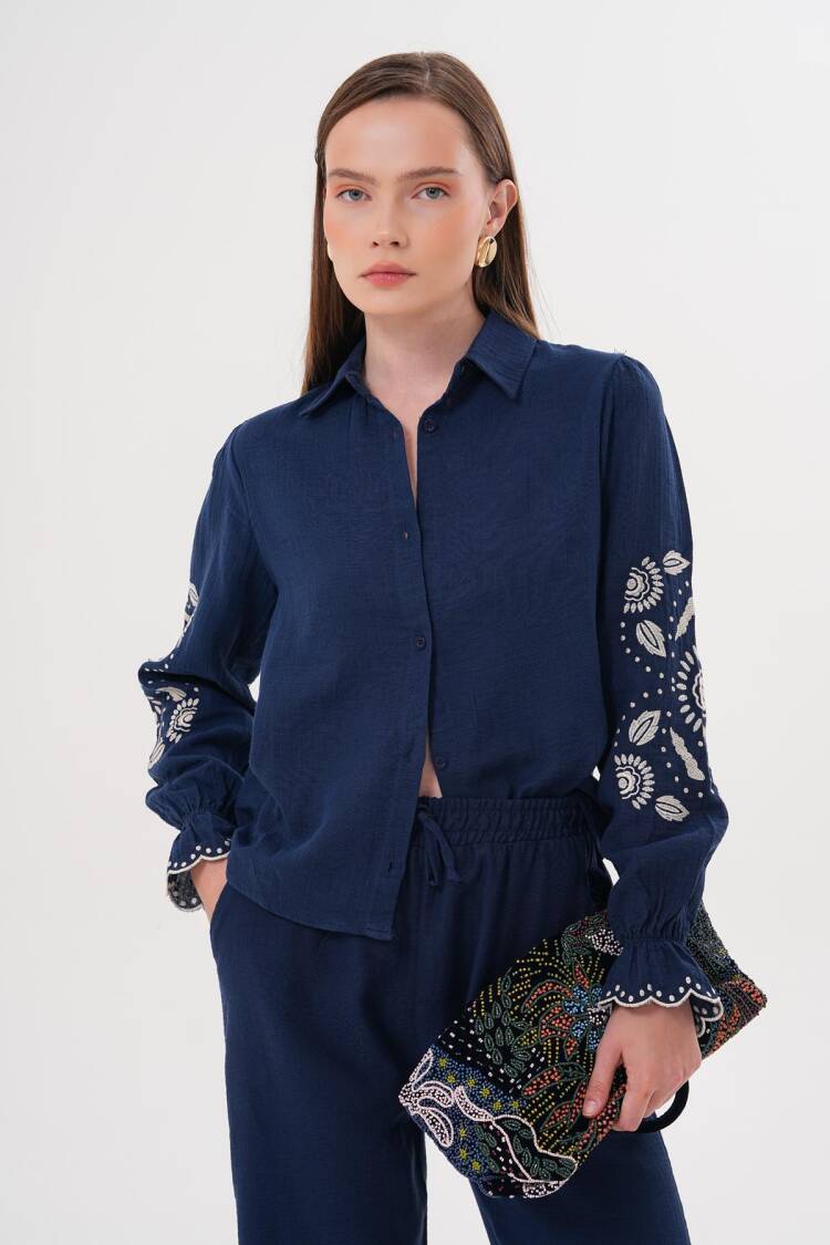 Sleeve Embroidery Detailed Front Buttoned Shirt Navy