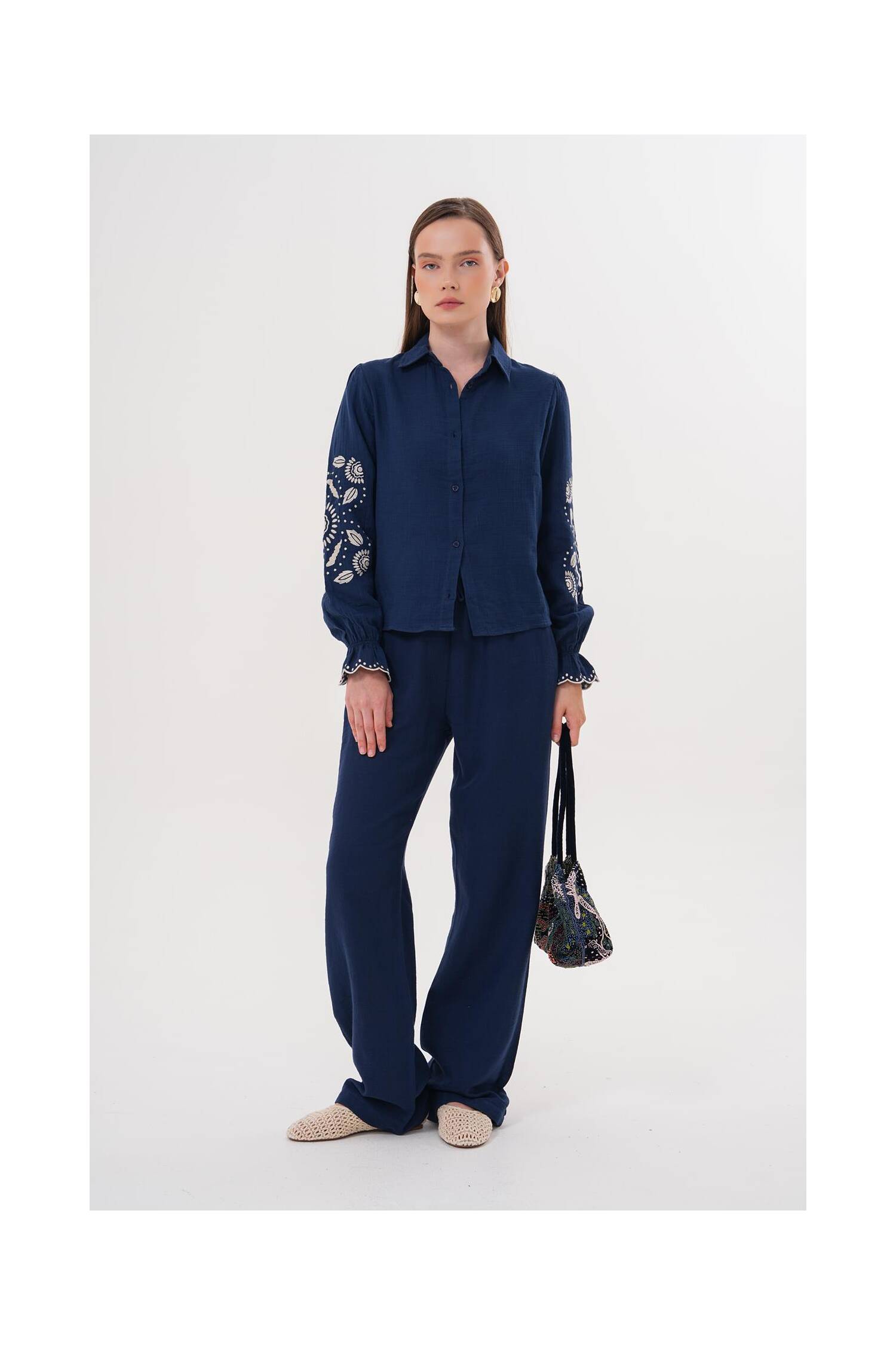 Sleeve Embroidery Detailed Front Buttoned Shirt Navy - Brand: Levure - Women's Clothing Wholesale - Globality Store