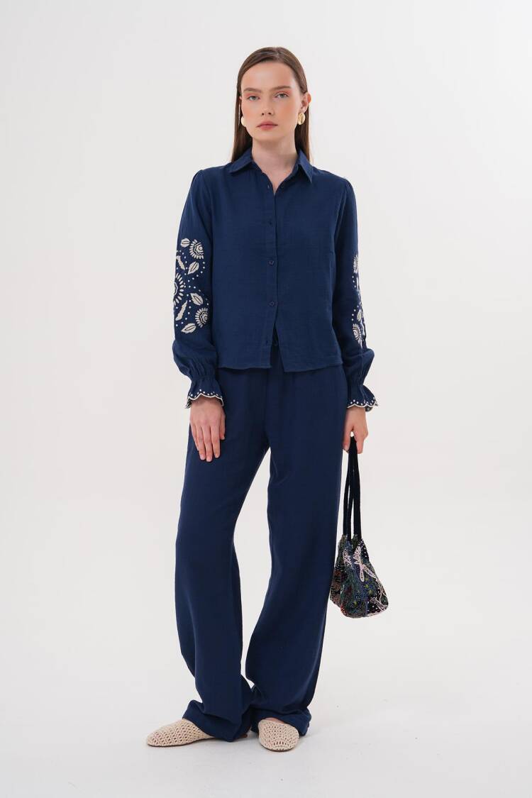 Sleeve Embroidery Detailed Front Buttoned Shirt Navy - Brand: Levure - Women's Clothing Wholesale - Globality Store