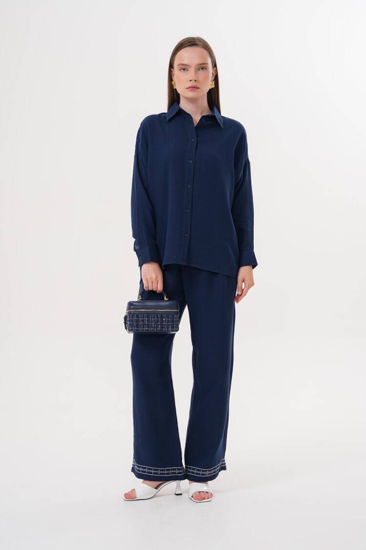 Women's Long Sleeve Oversize Mueslin Shirt Navy - Levure - Globality Store - Women Clothes Wholesale Turkey