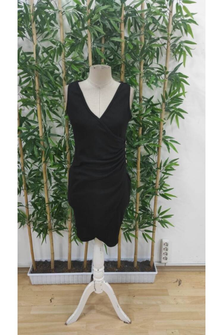 Women's Strappy Double Collar Side Buttoned Front Asymmetric Cut Detailed Thick Ribbed Camisole Dress - Black