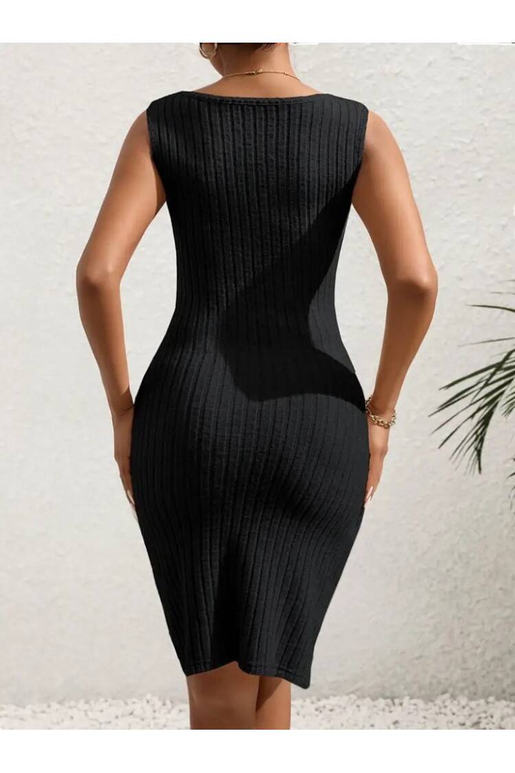 Women's Strappy Double Collar Side Buttoned Front Asymmetric Cut Detailed Thick Ribbed Camisole Dress - Black