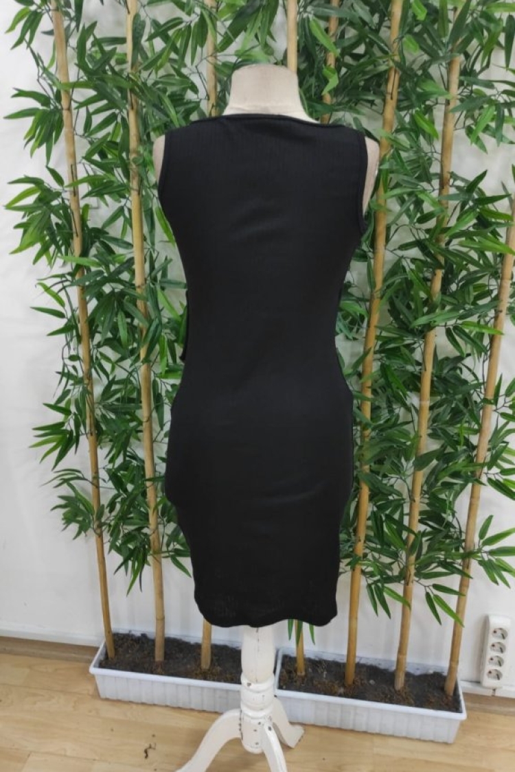 Women's Strappy Double Collar Side Buttoned Front Asymmetric Cut Detailed Thick Ribbed Camisole Dress - Black