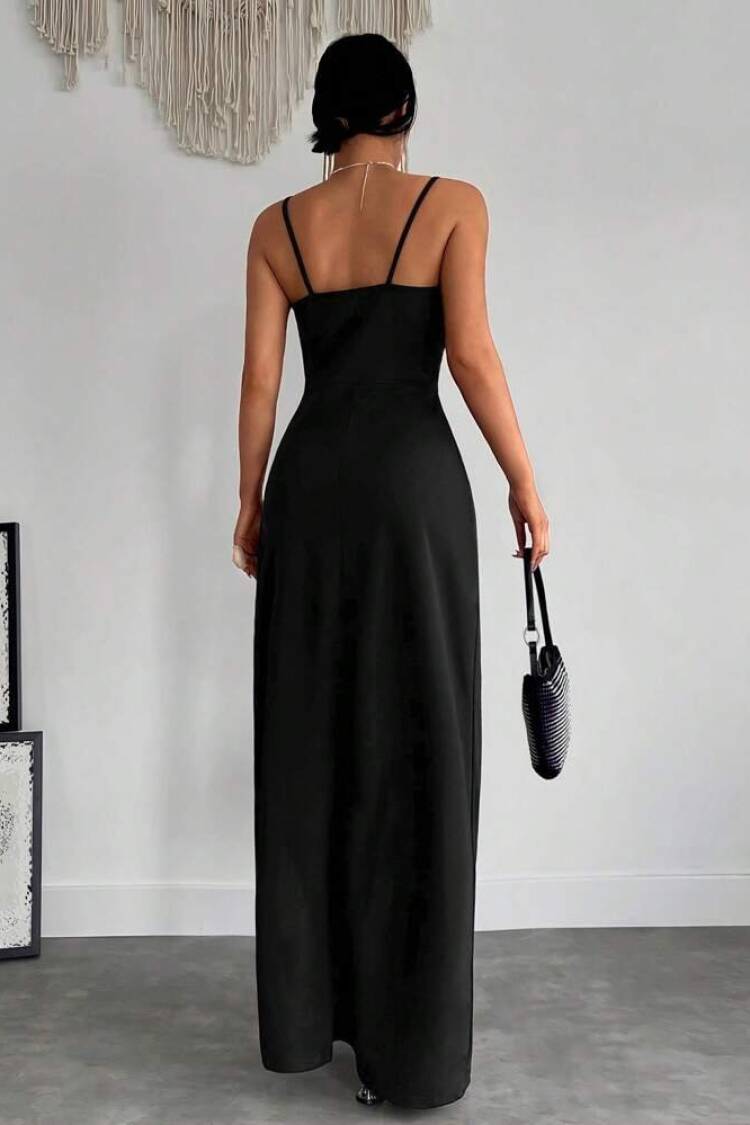 Women's Strappy Double-Collar Slit Crepe Dress - Black