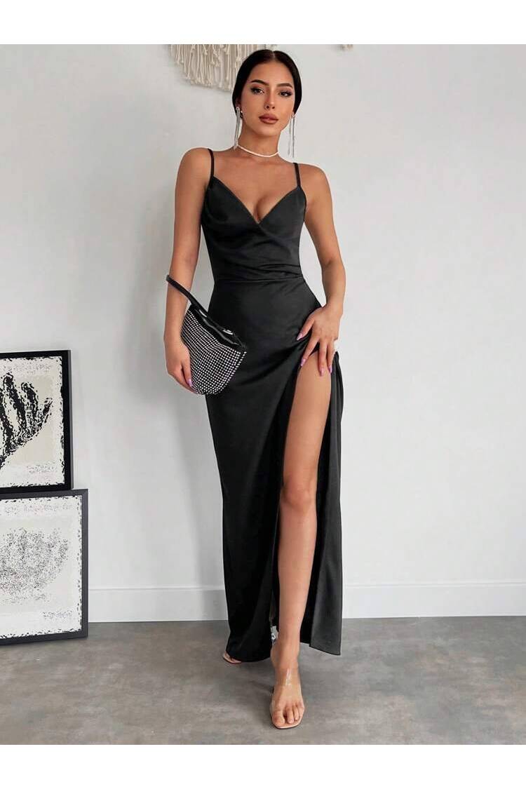 Women's Strappy Double-Collar Slit Crepe Dress - Black