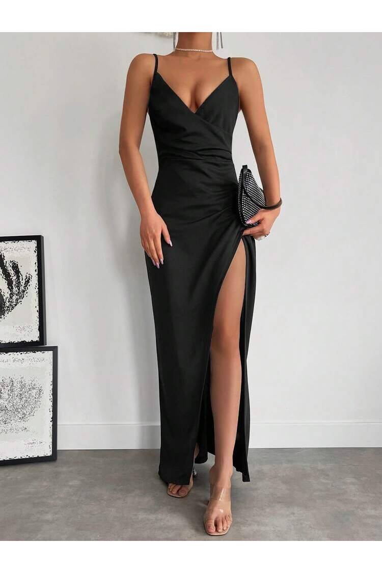 Women's Strappy Double-Collar Slit Crepe Dress - Black