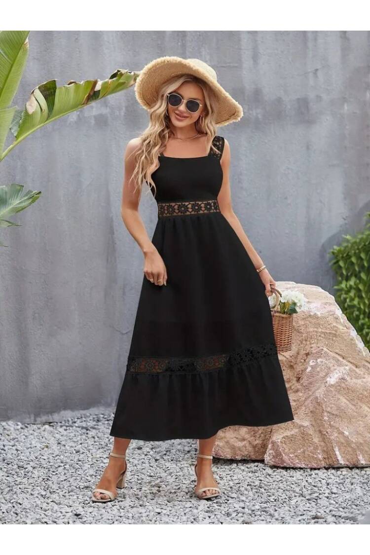 Women's Strappy Lace Detailed Kilos Janjan Crepe Dress - Black