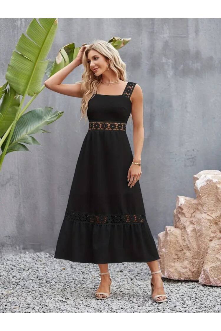 Women's Strappy Lace Detailed Kilos Janjan Crepe Dress - Black