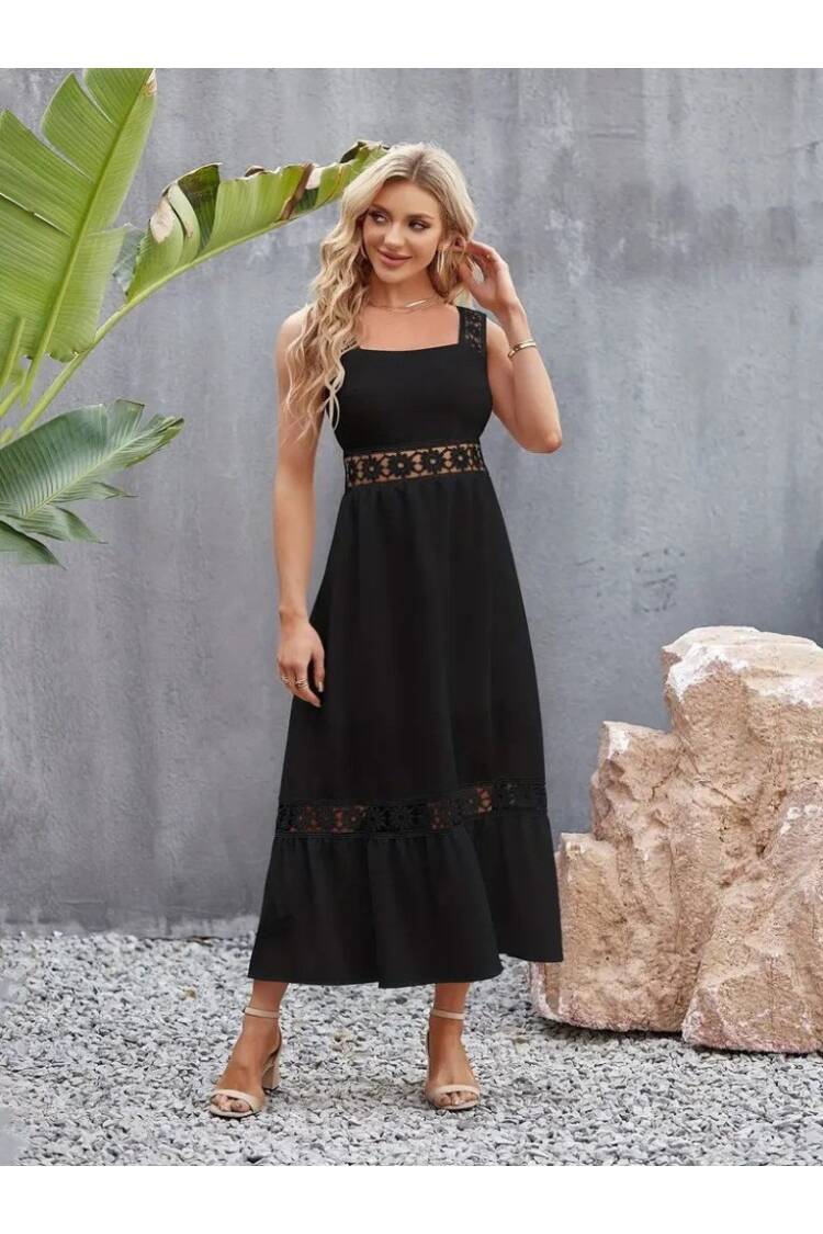 Women's Strappy Lace Detailed Kilos Janjan Crepe Dress - Black
