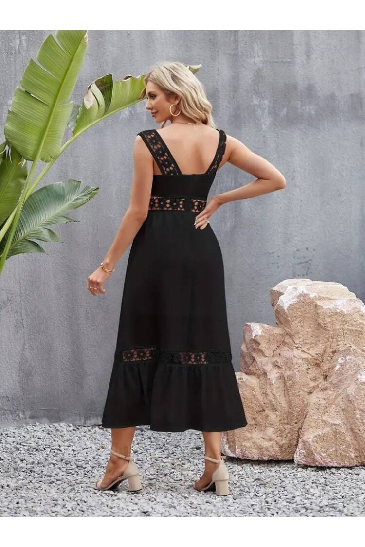 Women's Strappy Lace Detailed Kilos Janjan Crepe Dress - Black