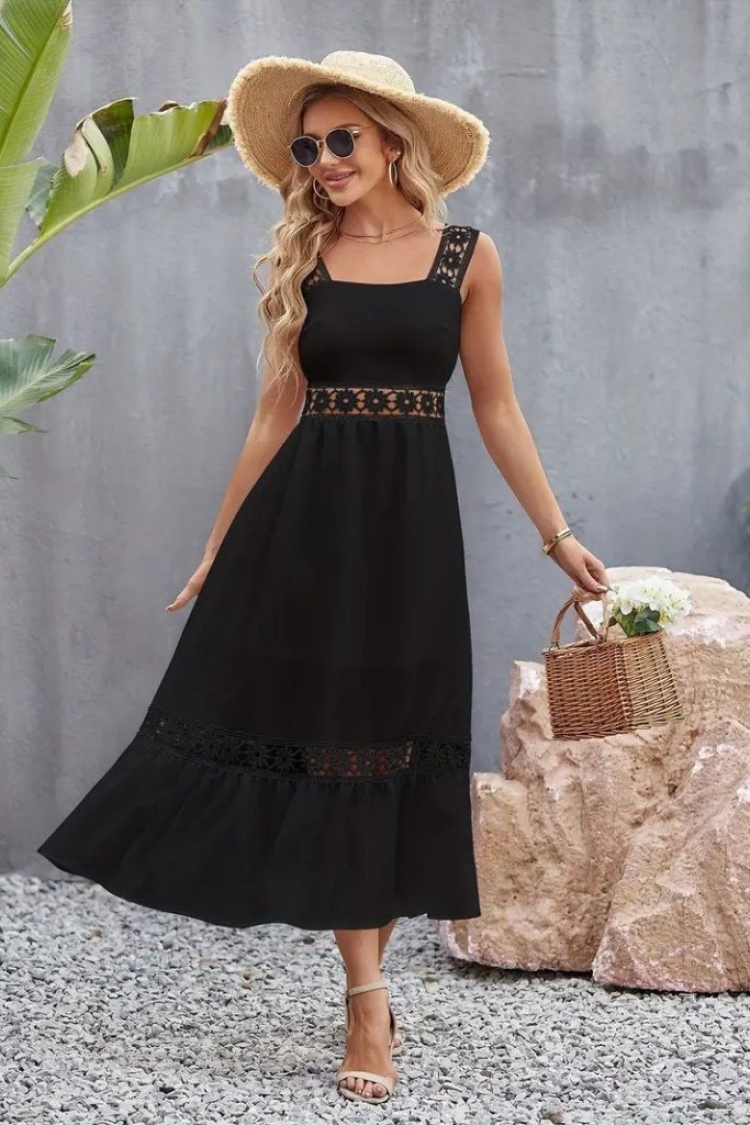 Women's Strappy Lace Detailed Kilos Janjan Crepe Dress - Black