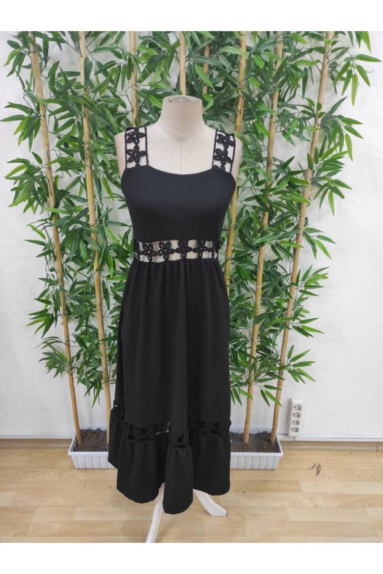 Women's Strappy Lace Detailed Kilos Janjan Crepe Dress - Black