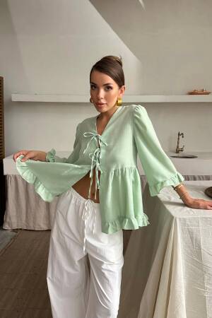 Linen Blouse With Front Tie Ruffle Detail - Ello - Globality Store - Women Clothes Wholesale Turkey