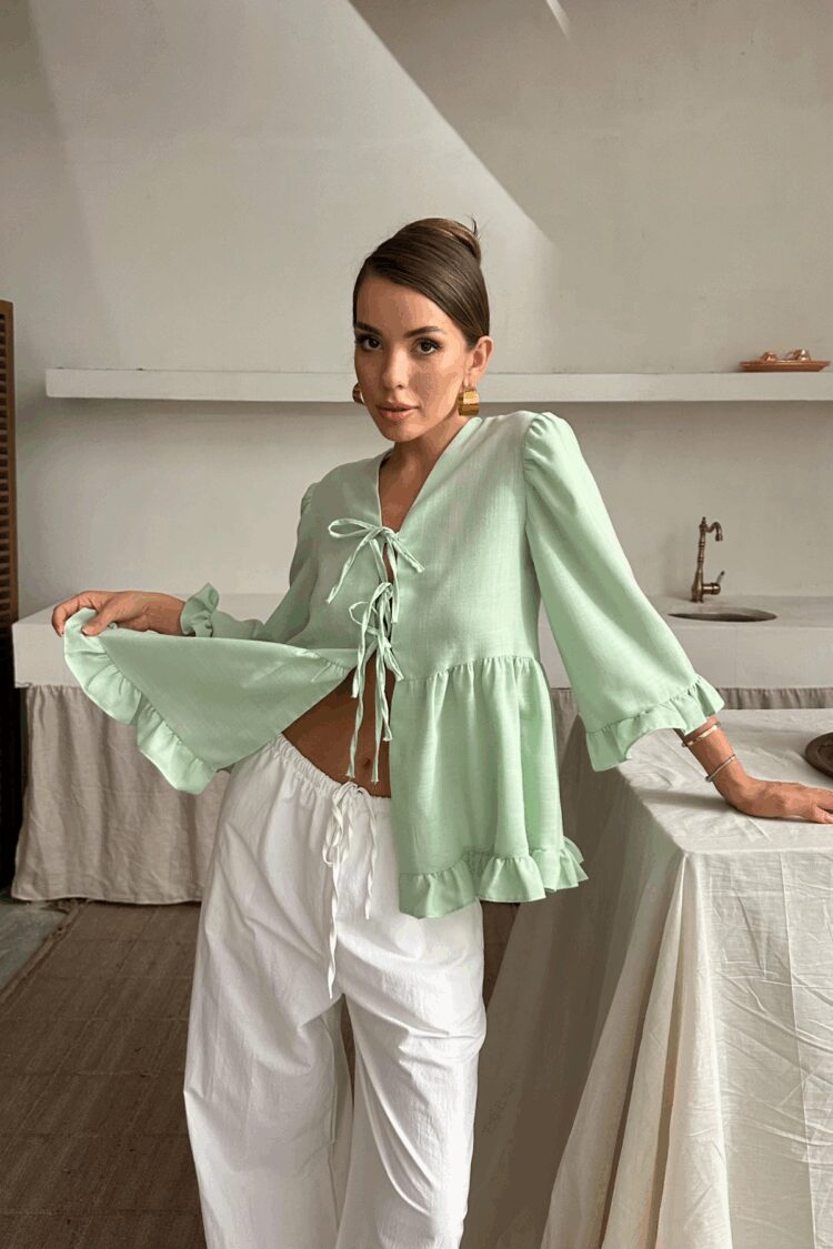 Linen Blouse With Front Tie Ruffle Detail - Ello - Globality Store - Women Clothes Wholesale Turkey