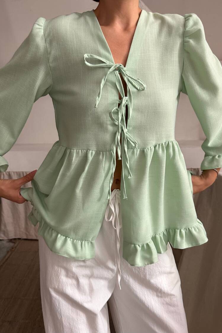 Linen Blouse With Front Tie Ruffle Detail