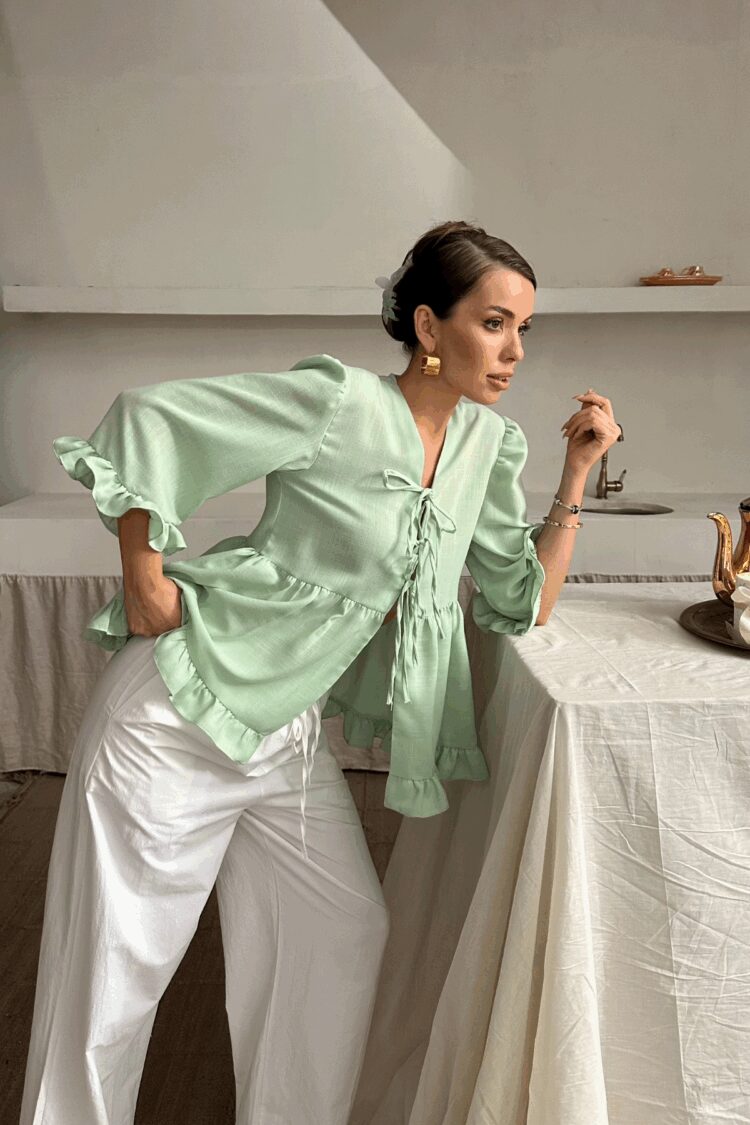 Linen Blouse With Front Tie Ruffle Detail