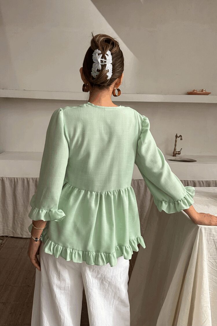 Linen Blouse With Front Tie Ruffle Detail
