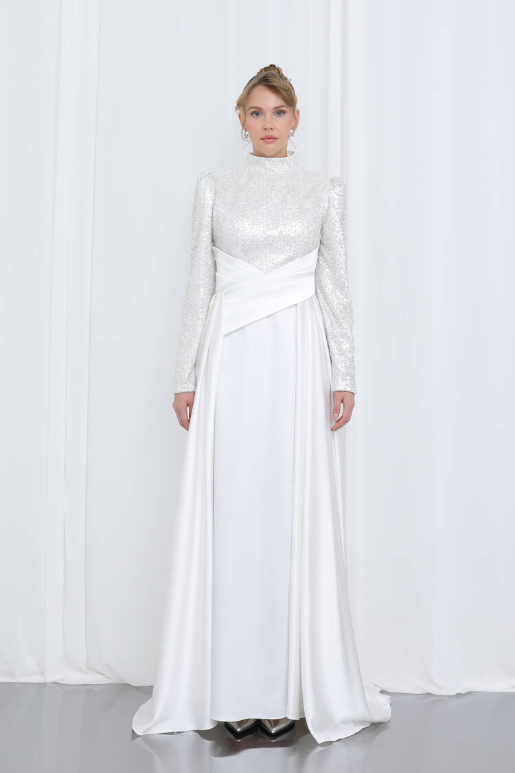 Women's Embroidered Long Sleeve Draped Evening Dress