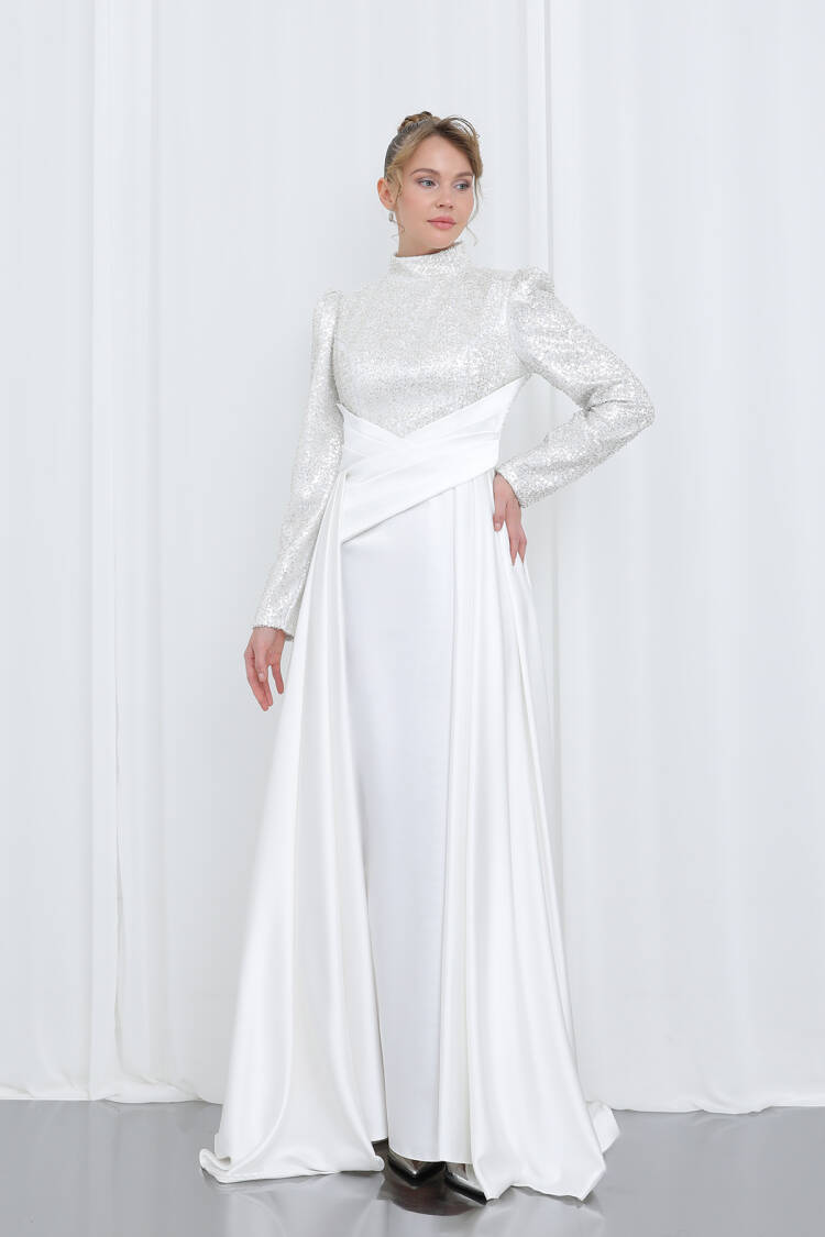 Women's Embroidered Long Sleeve Draped Evening Dress