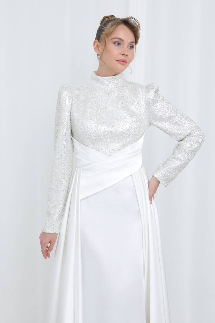 Women's Embroidered Long Sleeve Draped Evening Dress - Puane - Globality Store - Women Clothes Wholesale Turkey