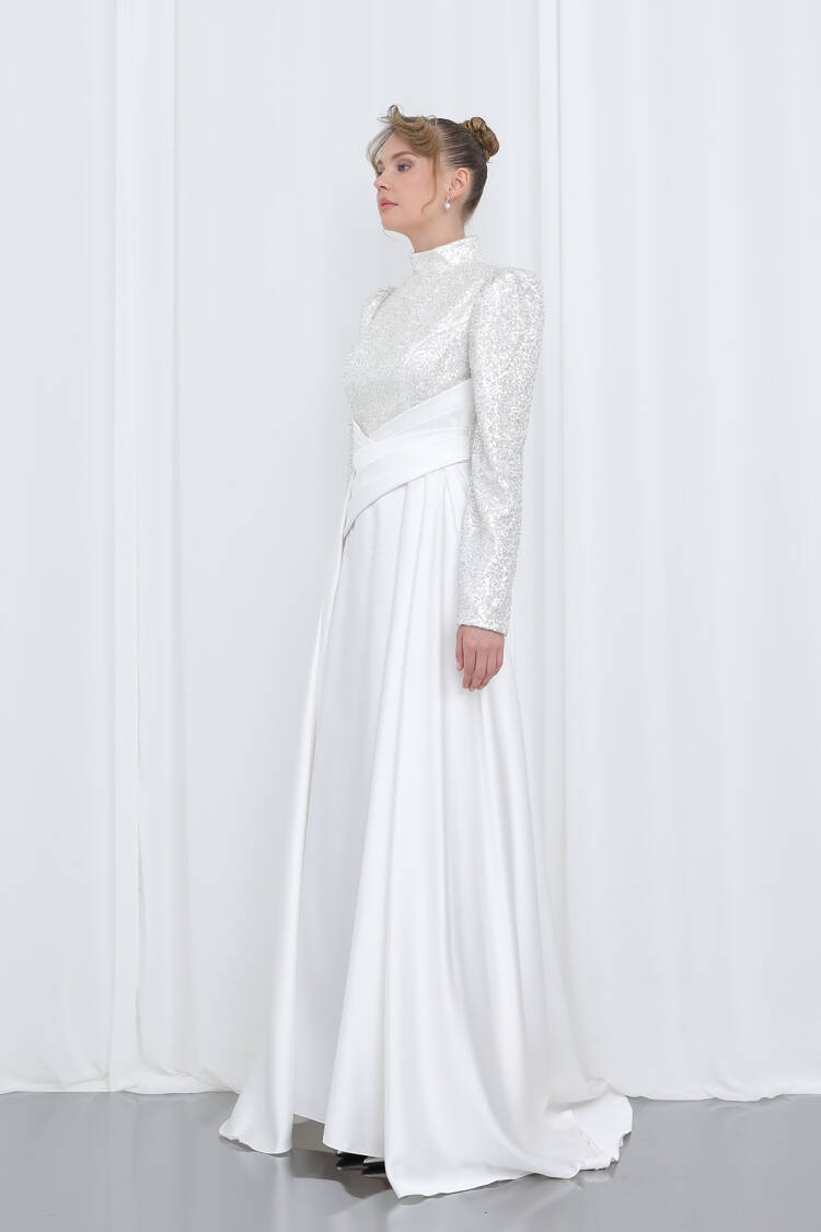 Women's Embroidered Long Sleeve Draped Evening Dress
