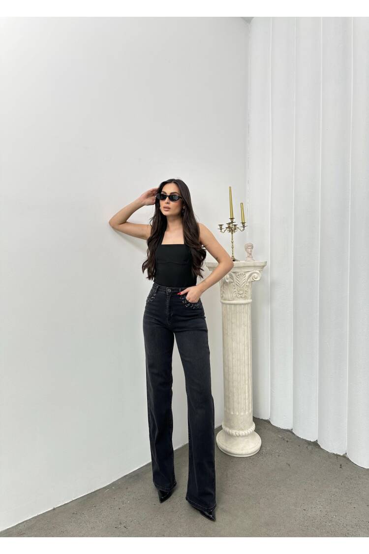 High Waist Pocket Stone Embroidery DetailedJeans - LACARINO - Globality Store - Women Clothes Wholesale Turkey