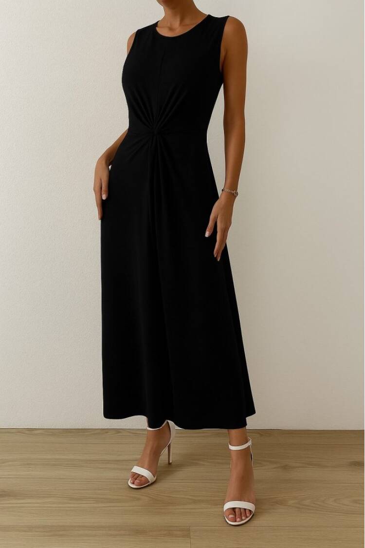 Women's Zero Sleeve Crew Neck Side Ruffle Detailed Viscose Dress - Black - Brand: Janes - Women's Clothing Wholesale - Globality Store