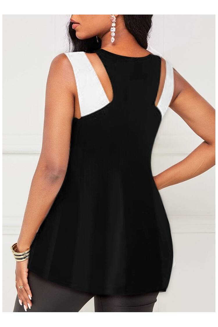 Women's Strappy Neck Cross Halter Collar Double Color Viscose Blouse - Black