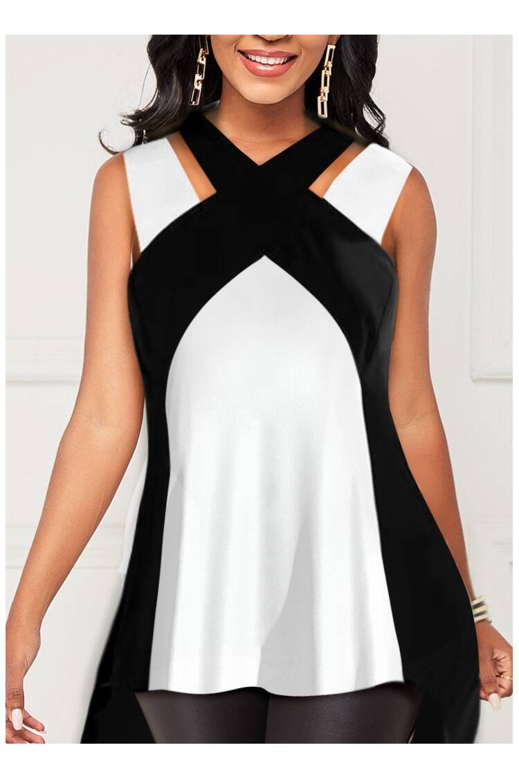 Women's Strappy Neck Cross Halter Collar Double Color Viscose Blouse - Black