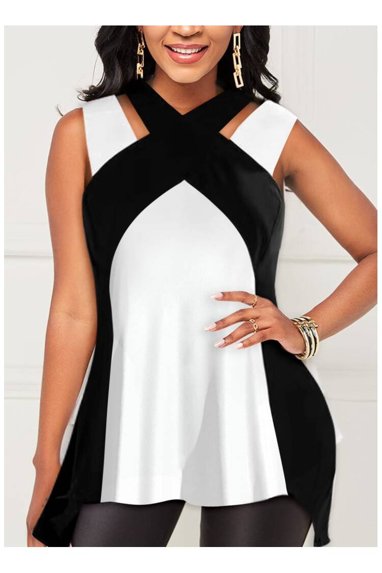 Women's Strappy Neck Cross Halter Collar Double Color Viscose Blouse - Black - Brand: Janes - Women's Clothing Wholesale - Globality Store