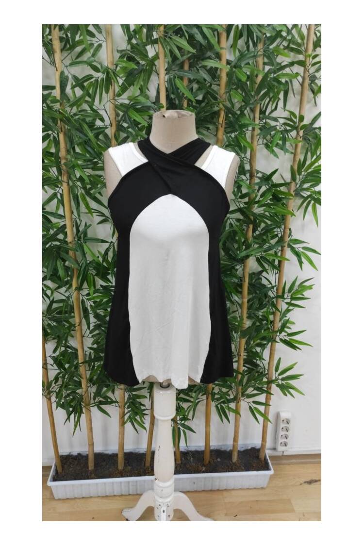 Women's Strappy Neck Cross Halter Collar Double Color Viscose Blouse - Black