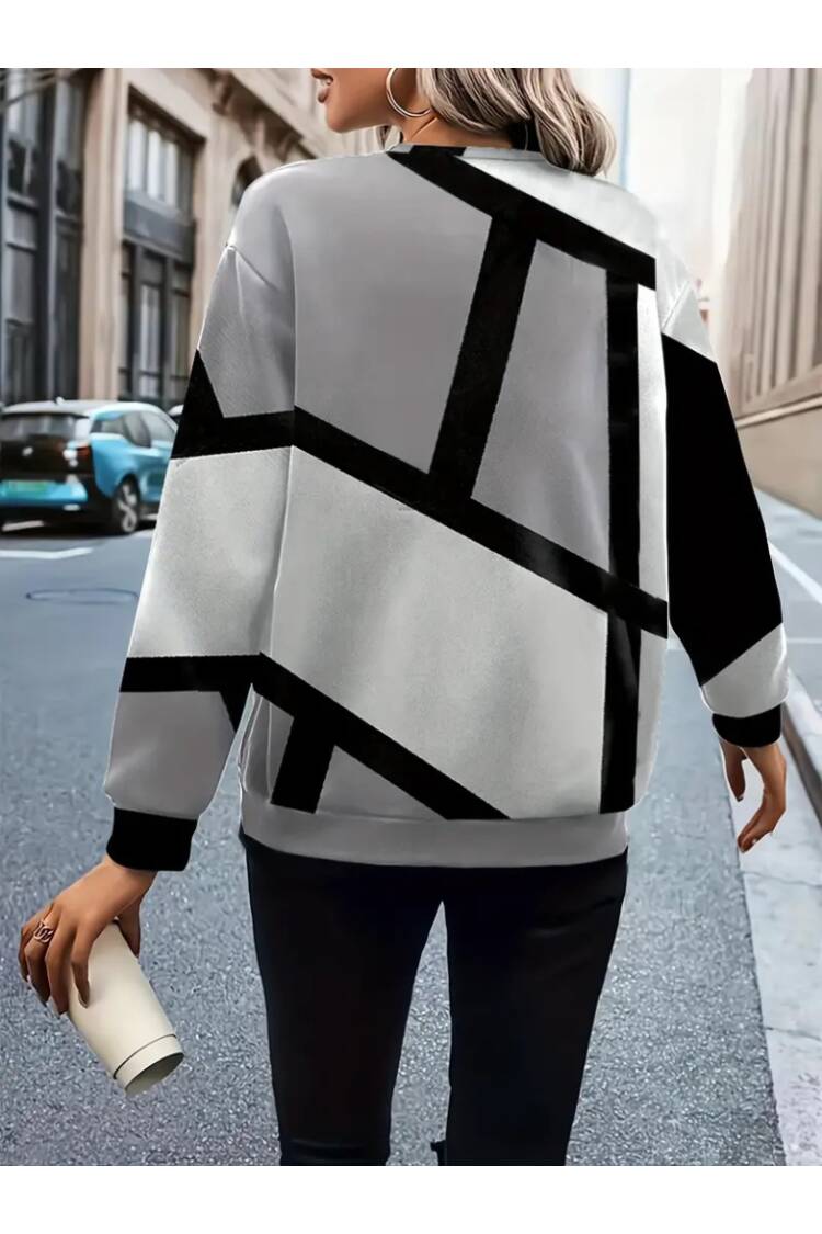 Women's Long Sleeve Round Neck Zipper Pattern Charcoal Blouse