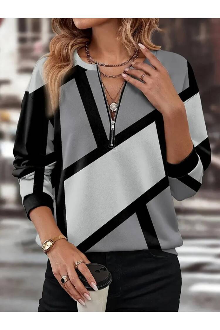 Women's Long Sleeve Round Neck Zipper Pattern Charcoal Blouse - Brand: Janes - Women's Clothing Wholesale - Globality Store