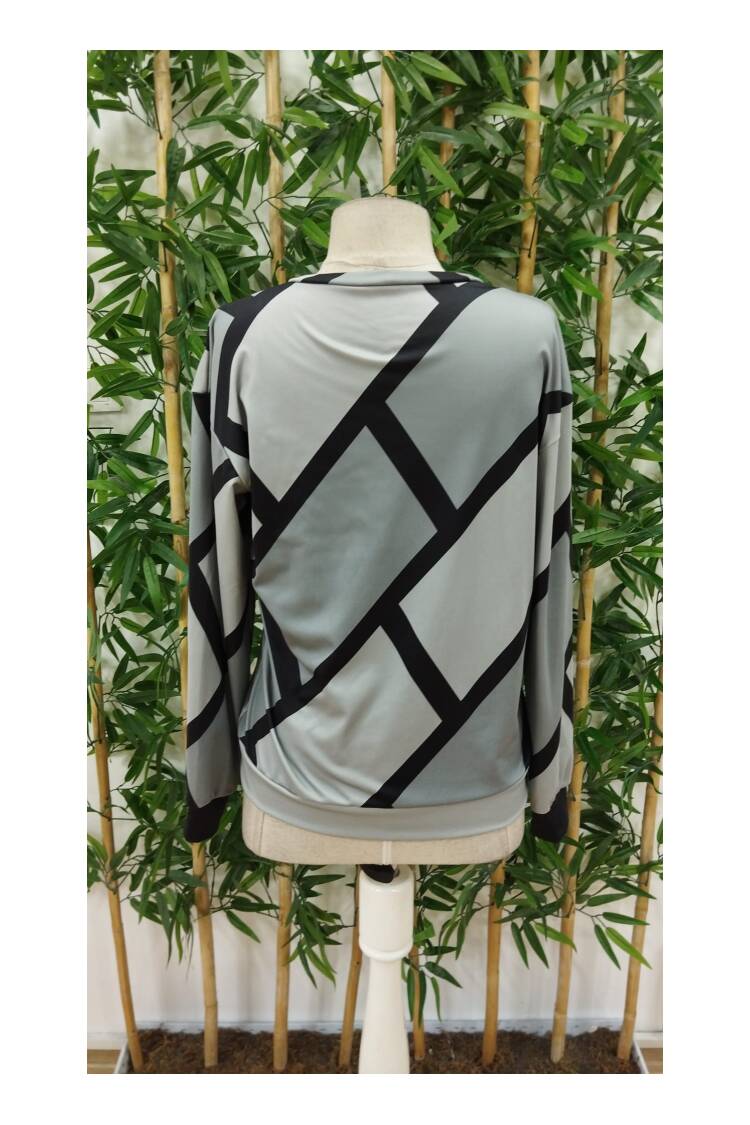 Women's Long Sleeve Round Neck Zipper Pattern Charcoal Blouse