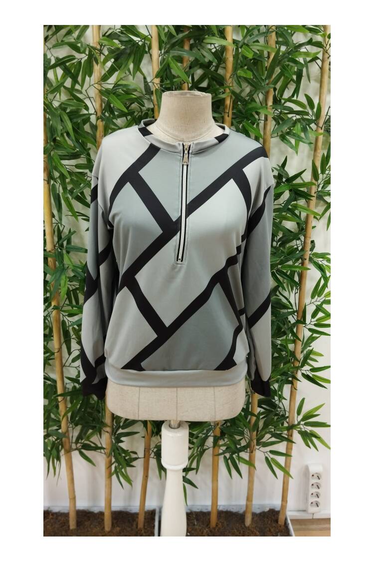 Women's Long Sleeve Round Neck Zipper Pattern Charcoal Blouse