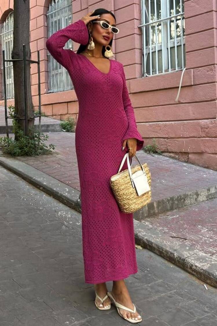 Floral Detailed Openwork Knitwear Dress - Sobe Istanbul - Globality Store - Women Clothes Wholesale Turkey