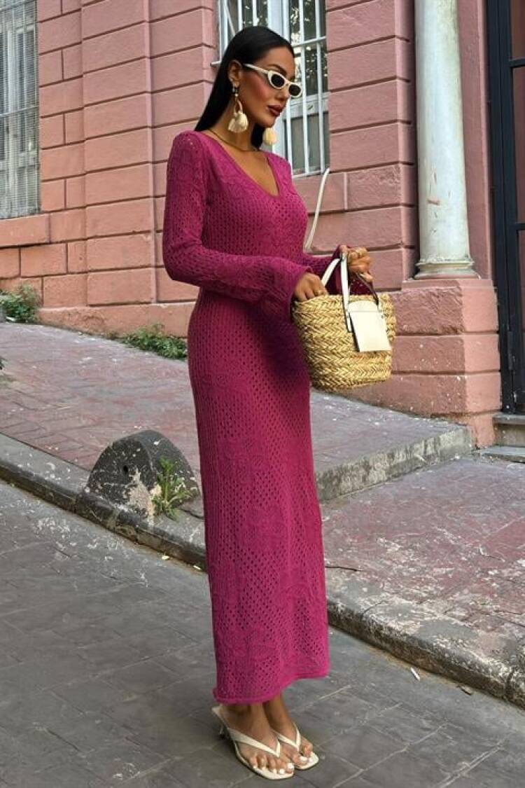 Floral Detailed Openwork Knitwear Dress
