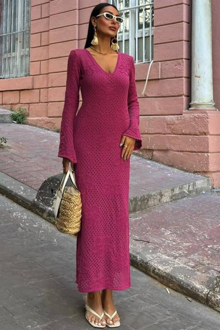 Floral Detailed Openwork Knitwear Dress