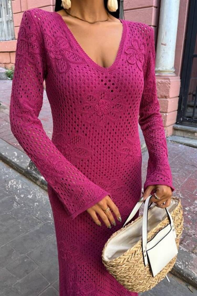 Floral Detailed Openwork Knitwear Dress
