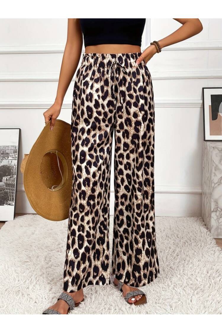 Women's High Waist Elastic Lace Up Leopard Print Jumper Pants - Leopard