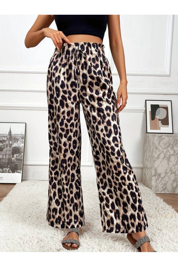 Women's High Waist Elastic Lace Up Leopard Print Jumper Pants - Leopard - Janes - Globality Store - Women Clothes Wholesale Turkey
