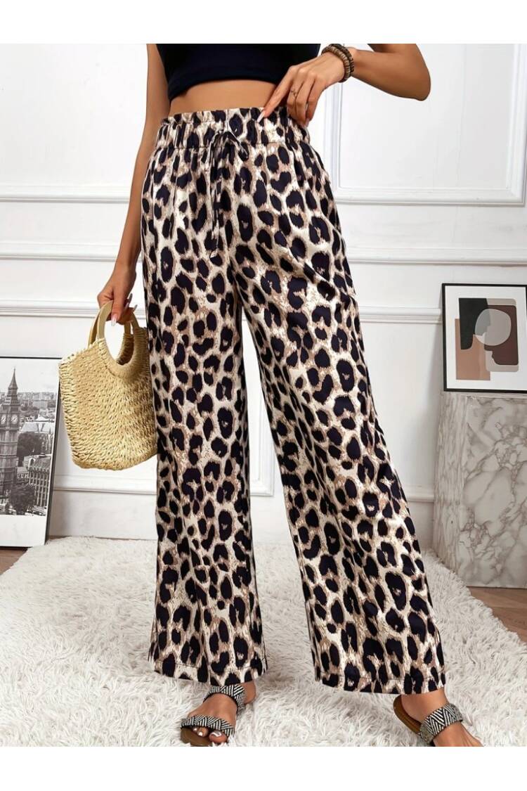 Women's High Waist Elastic Lace Up Leopard Print Jumper Pants - Leopard