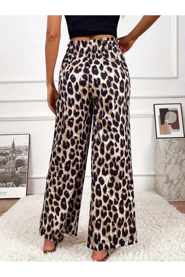 Women's High Waist Elastic Lace Up Leopard Print Jumper Pants - Leopard